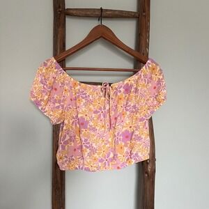 Pink Rose Floral Crop  Off Shoulder Short Sleeve Blouse Pink Yellow Size M